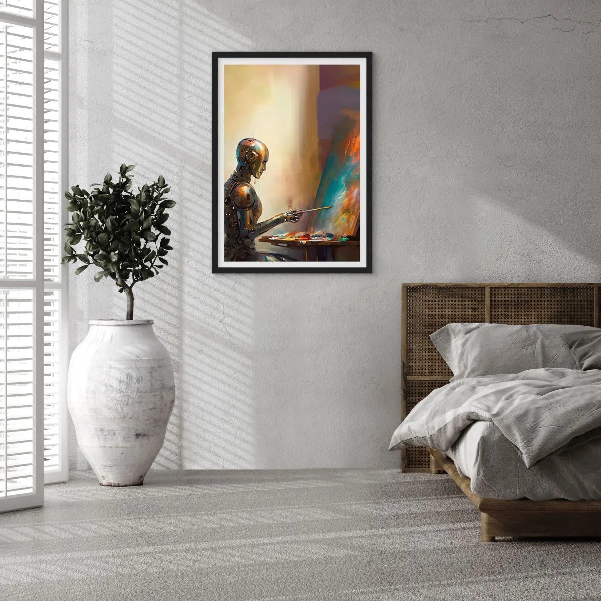 Poster in einem schwarzem Rahmen - Robotermaler an einer Staffelei im futuristischen Stil - 50x70cm - Die Kunst der Zukunft - Moderne Wanddekoration für Wohnzimmer und Schlafzimmer ARTTOR