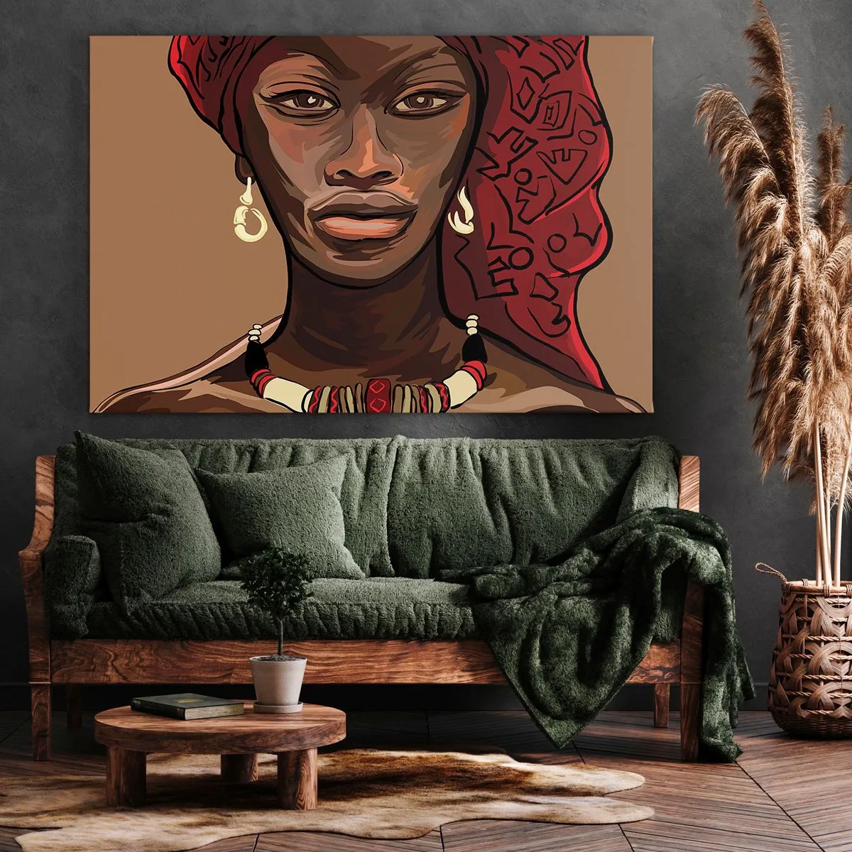 Bild auf Leinwand - Leinwandbild - Porträt einer Frau mit rotem Turban auf beigem Hintergrund - 70x50cm - Venus aus Ebenholz - Moderne Wanddekoration für Wohnzimmer und Schlafzimmer ARTTOR