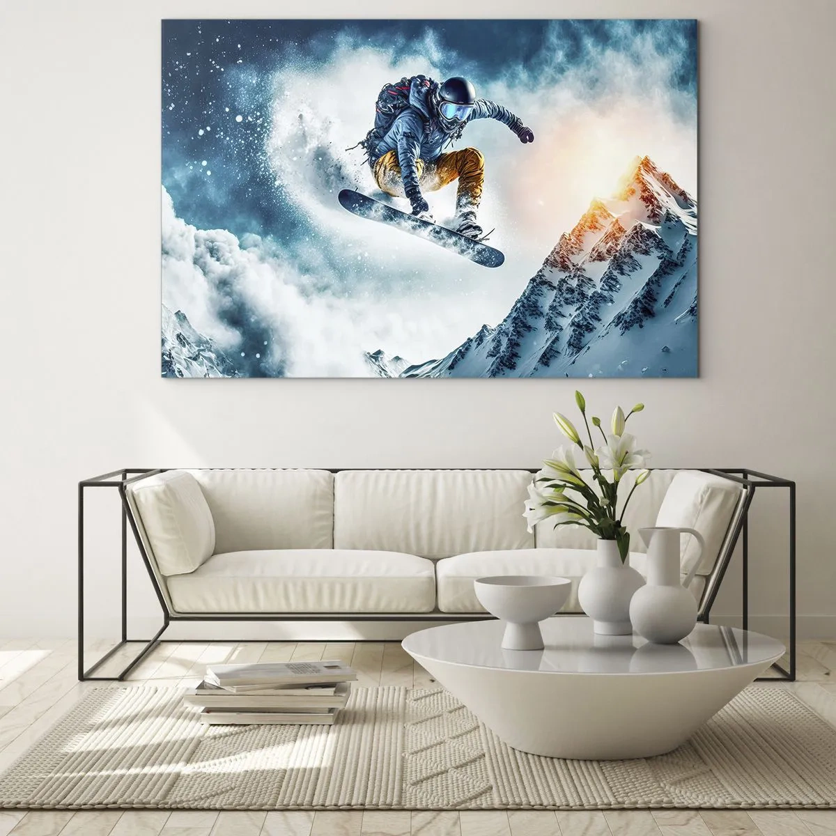 Glasbild - Bild auf glas - Ein Snowboarder fliegt über schneebedeckte Berge - 70x50cm - Extreme Emotionen - Moderne Wanddekoration für Wohnzimmer und Schlafzimmer ARTTOR