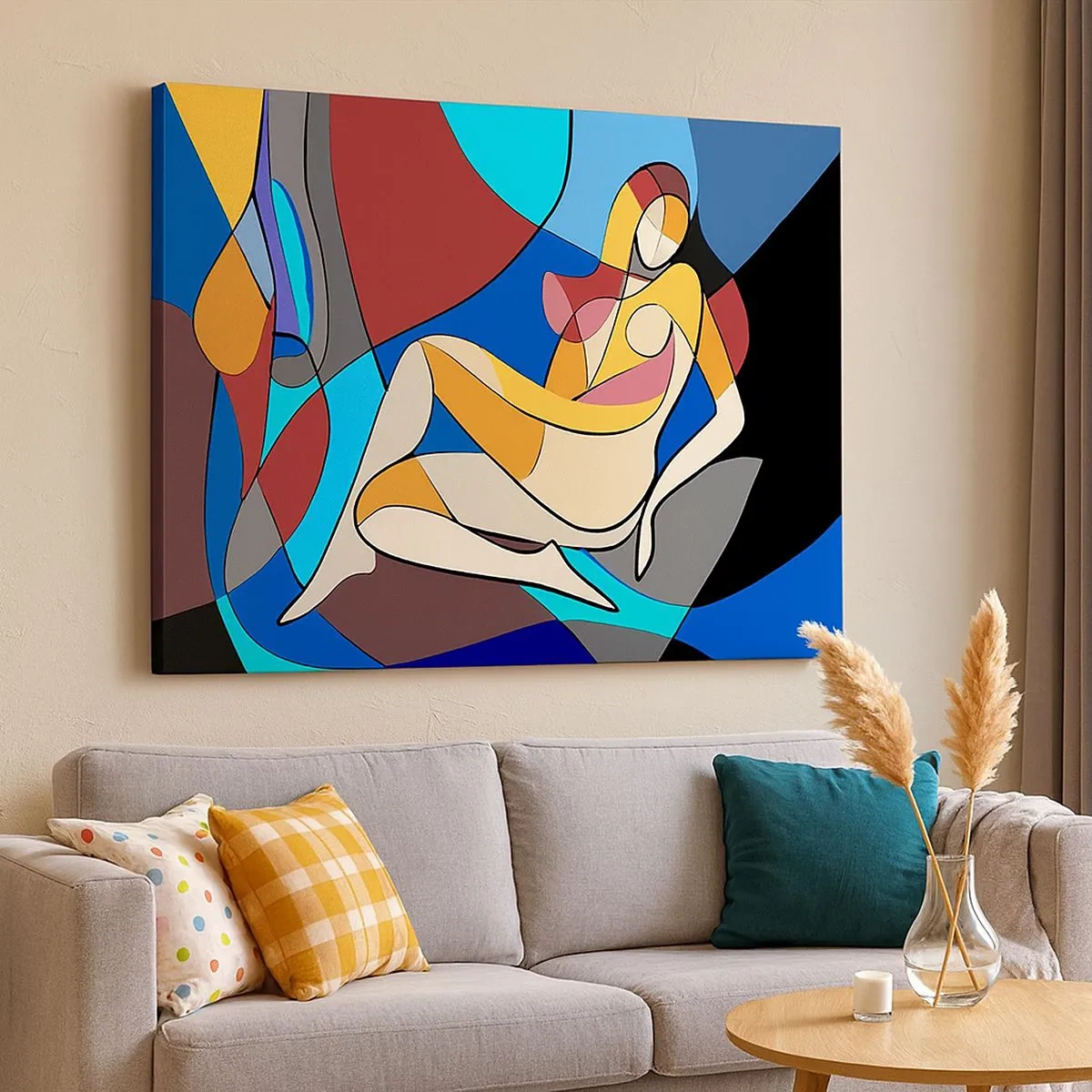 Bild auf Leinwand - Leinwandbild - Farbenfroher Akt im kubistischen Stil - 70x50cm - Kubistischer Akt - Moderne Wanddekoration für Wohnzimmer und Schlafzimmer ARTTOR