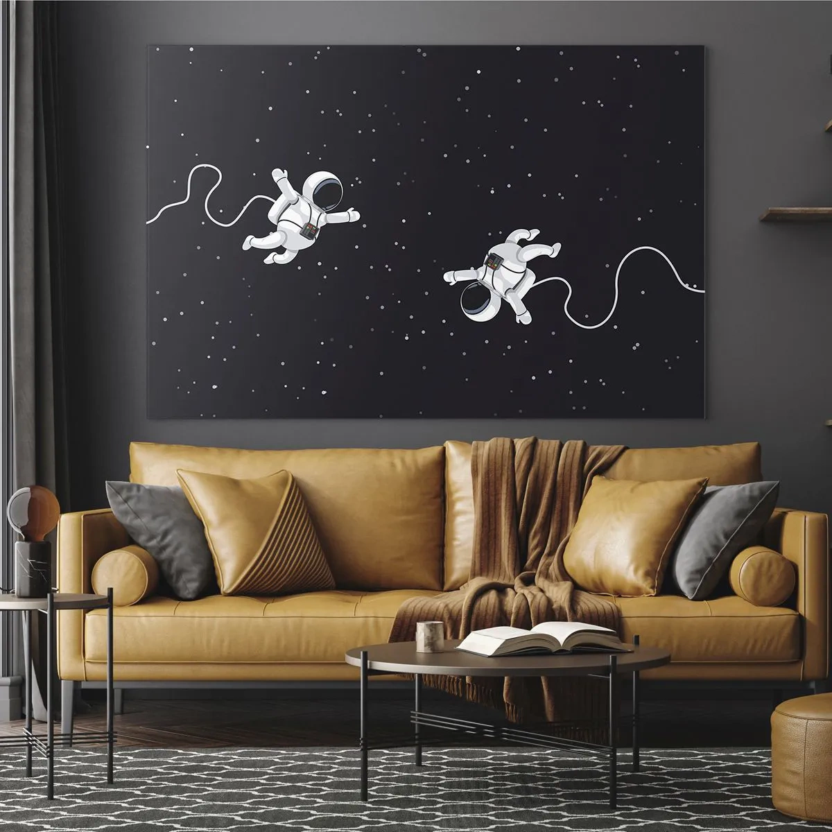 Glasbild - Bild auf glas - Zwei Astronauten schweben im Weltraum - 70x50cm - Kosmischer Tanz - Moderne Wanddekoration für Wohnzimmer und Schlafzimmer ARTTOR