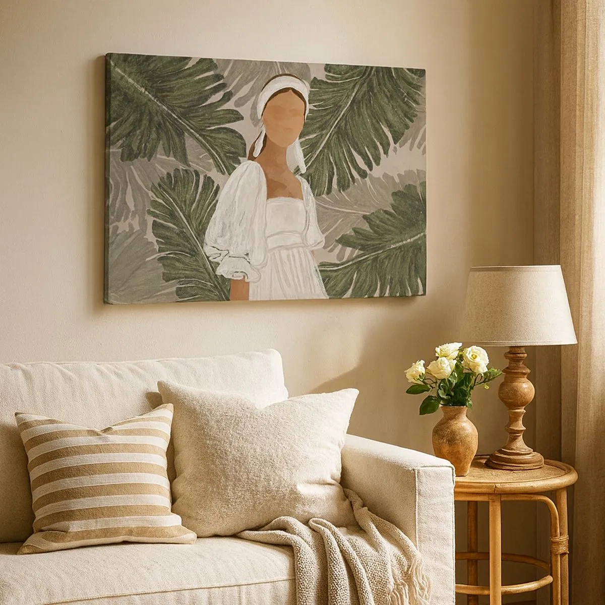 Bild auf Leinwand - Leinwandbild - Porträt einer Frau in einem weißen Kleid vor einem Hintergrund aus Monstera-Blättern - 70x50cm - Exotisches Porträt - Moderne Wanddekoration für Wohnzimmer und Schlafzimmer ARTTOR