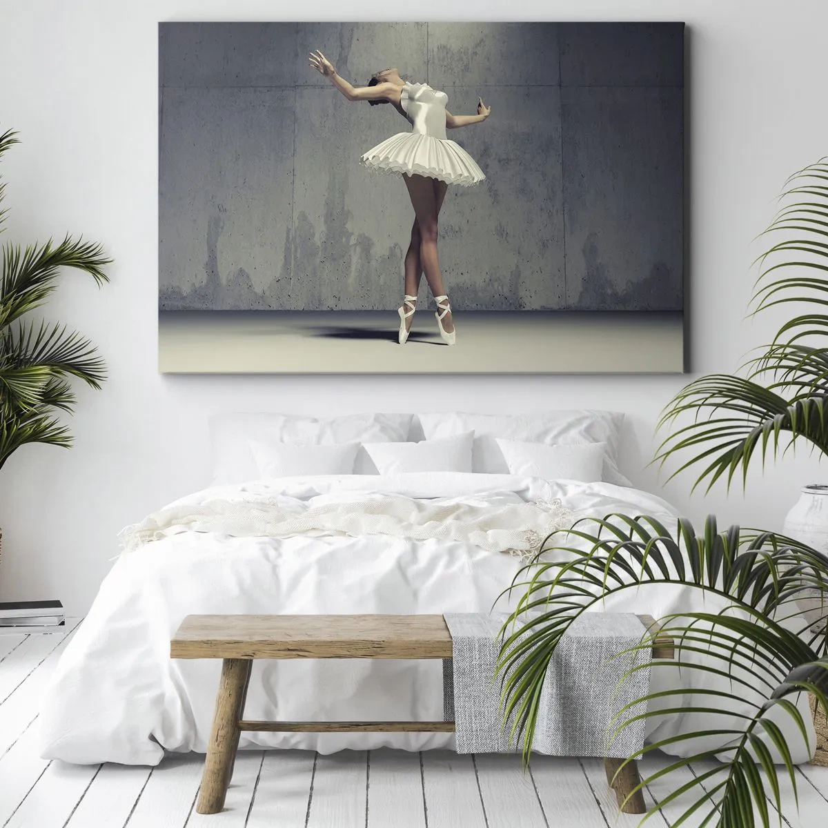 Bild auf Leinwand - Leinwandbild - Eine Balletttänzerin in einem weißen Kleid vor einer rohen Wand. - 70x50cm - Leicht wie ein Vogel - Moderne Wanddekoration für Wohnzimmer und Schlafzimmer ARTTOR