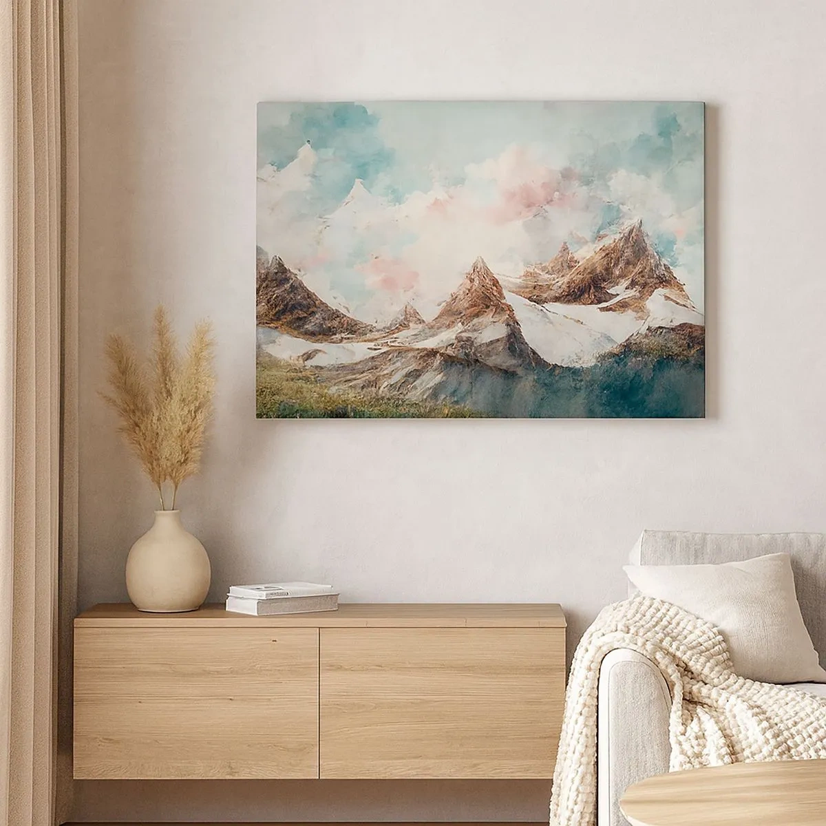 Bild auf Leinwand - Leinwandbild - Malerische Berge mit pastellfarbenem Himmel - 70x50cm - Felsklingen - Moderne Wanddekoration für Wohnzimmer und Schlafzimmer ARTTOR