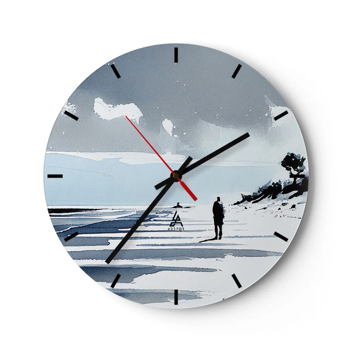 Wanduhr - Glasuhr - Silhouette einer Person, die allein am Strand in Grau- und Blautönen spazieren geht - 30x30cm - Allein sein - Moderne Wanddekoration für Wohnzimmer, Küche und Schlafzimmer ARTTOR