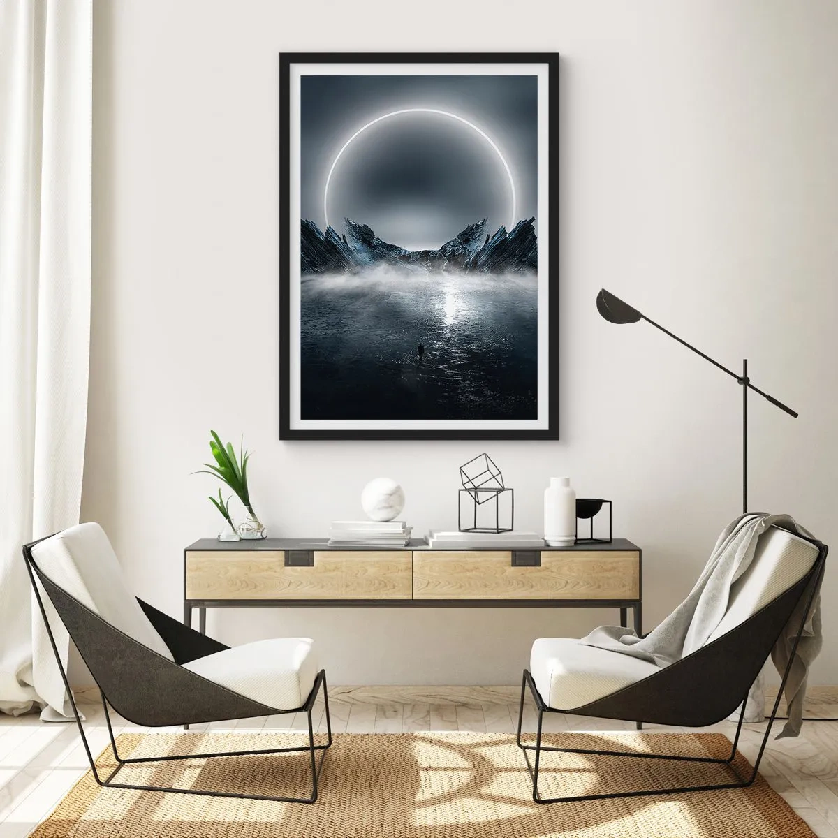 Poster in einem schwarzem Rahmen - Eine geheimnisvolle Landschaft mit einem hellen Kreis am Himmel - 50x70cm - Ende der Geschichte - Moderne Wanddekoration für Wohnzimmer und Schlafzimmer ARTTOR