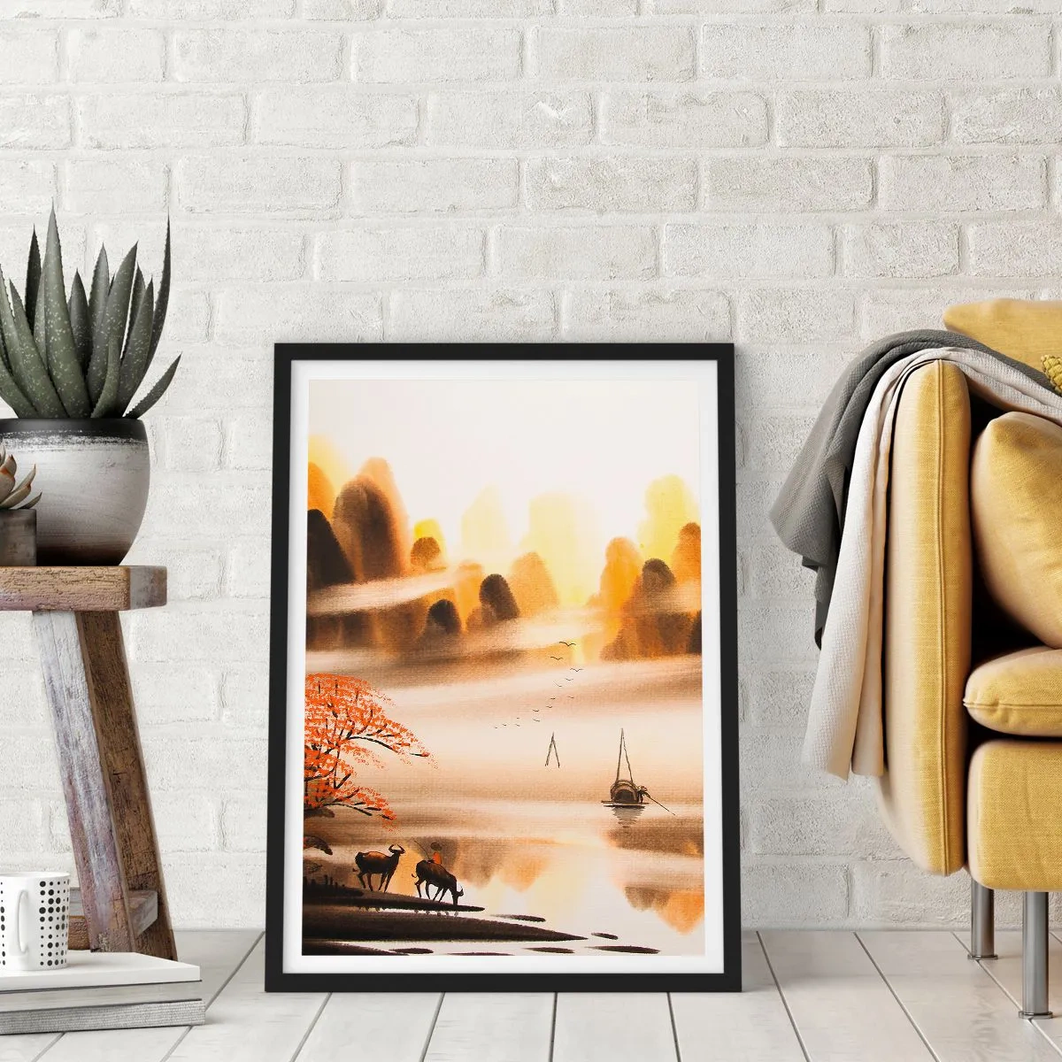 Poster in einem schwarzem Rahmen - Orientalische Berglandschaft im Nebel mit Boot und Tieren - 50x70cm - Weiter als im Fernosten - Moderne Wanddekoration für Wohnzimmer und Schlafzimmer ARTTOR