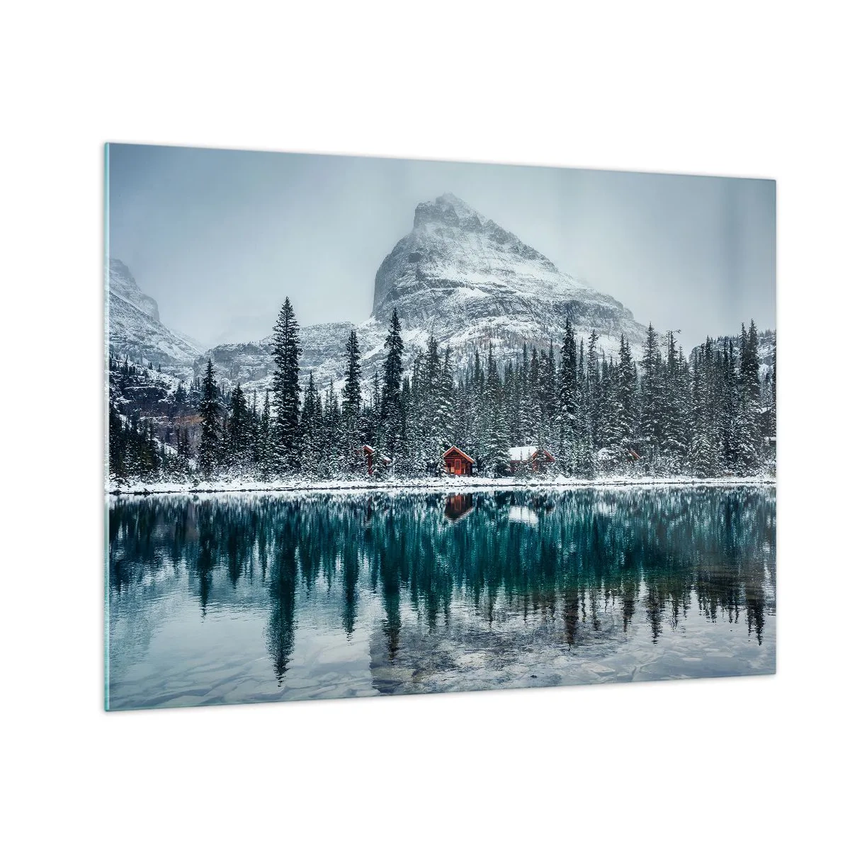 Glasbild - Bild auf glas - Winterlandschaft mit Bergen, Wald und Seehäuschen - 70x50cm - Kanadischer Rückzug - Moderne Wanddekoration für Wohnzimmer und Schlafzimmer ARTTOR