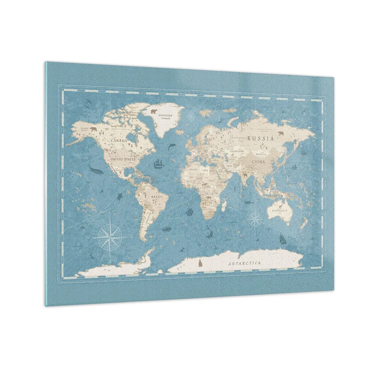 Glasbild - Bild auf glas - Stilisierte Weltkarte auf blauem Hintergrund - 70x50cm - Die Welt liegt zum Greifen nah - Moderne Wanddekoration für Wohnzimmer und Schlafzimmer ARTTOR