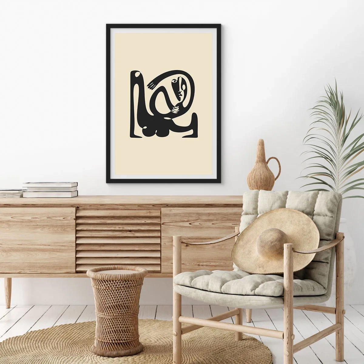 Poster in einem schwarzem Rahmen - Abstrakte Figur auf beigem Hintergrund mit schwarzen Linien - 50x70cm - Fast wie Picasso - Moderne Wanddekoration für Wohnzimmer und Schlafzimmer ARTTOR