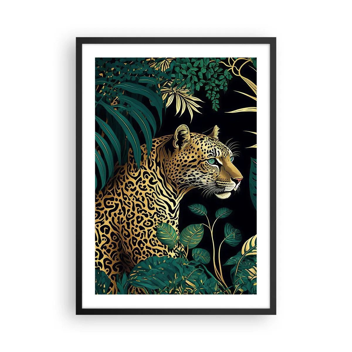 Poster in einem schwarzem Rahmen - Goldener Leopard im tropischen Dschungel - 50x70cm - Gastgeber im Dschungel - Moderne Wanddekoration für Wohnzimmer und Schlafzimmer ARTTOR