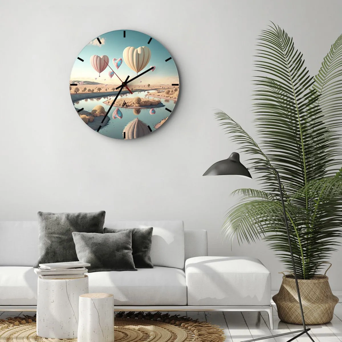 Wanduhr - Glasuhr - Herzförmige Ballons schweben über dem Fluss - 30x30cm - Dank Liebe steigt man auf - Moderne Wanddekoration für Wohnzimmer, Küche und Schlafzimmer ARTTOR