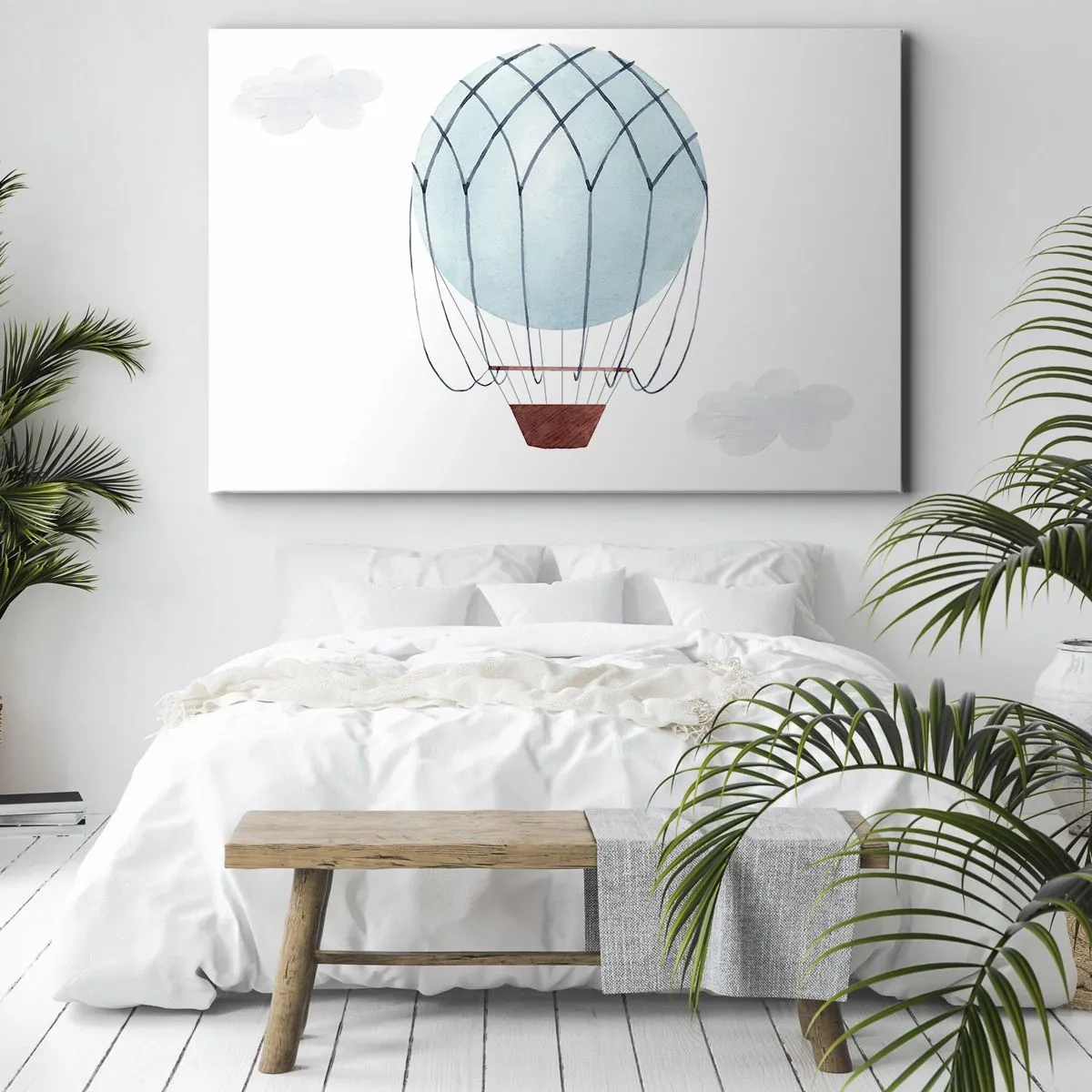 Bild auf Leinwand - Leinwandbild - Ein handbemalter Ballon vor dem Hintergrund zarter Wolken. - 70x50cm - Ganz in den Wolken - Moderne Wanddekoration für Wohnzimmer und Schlafzimmer ARTTOR