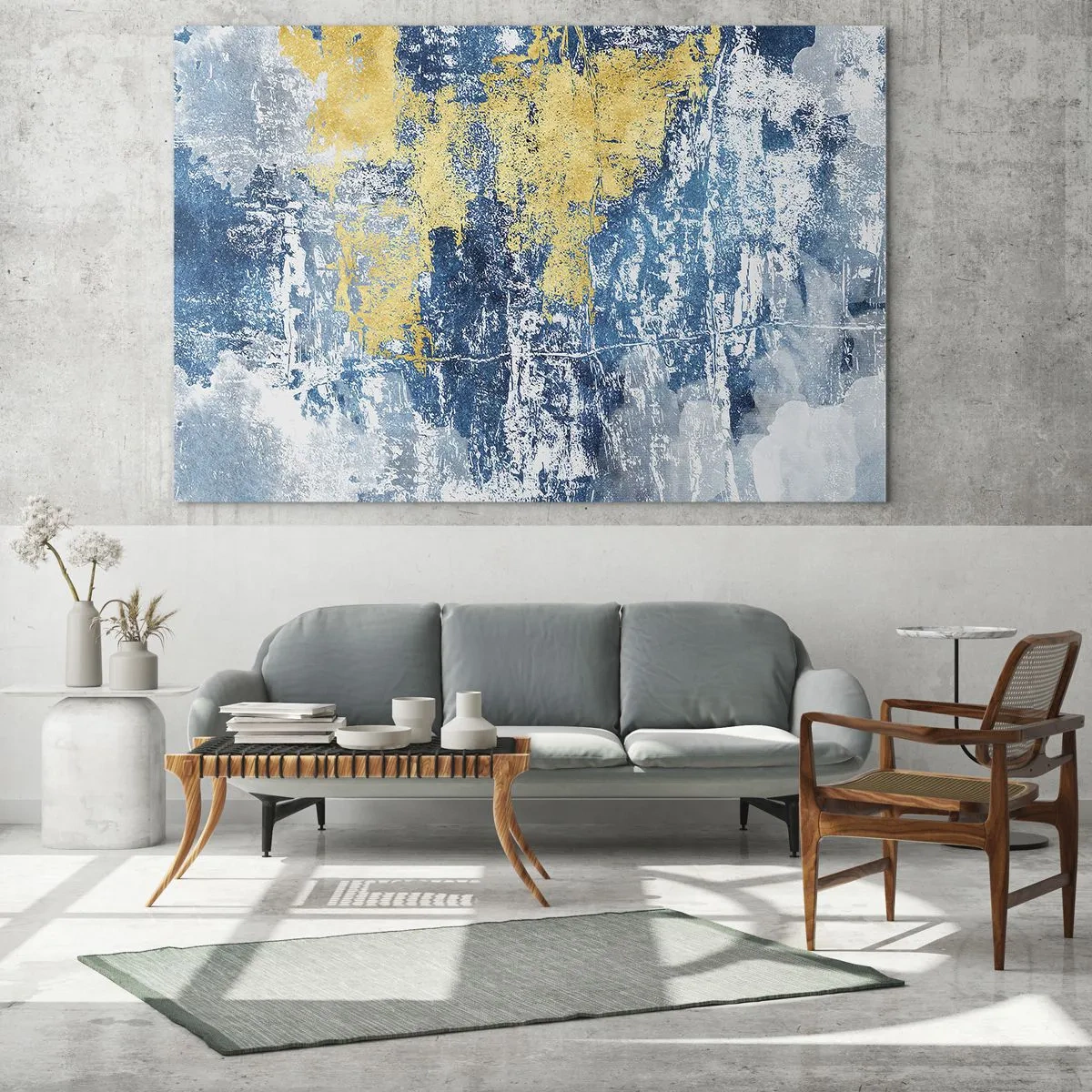 Glasbild - Bild auf glas - Blaue und gelbe Abstraktion mit einem Distressed- und Struktureffekt - 70x50cm - Abstraktion voller Wetter - Moderne Wanddekoration für Wohnzimmer und Schlafzimmer ARTTOR