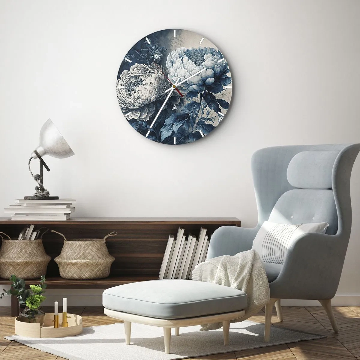 Wanduhr - Glasuhr - Illustration von zwei Pfingstrosen in Blau- und Weißtönen - 30x30cm - Passendes Paar - Moderne Wanddekoration für Wohnzimmer, Küche und Schlafzimmer ARTTOR