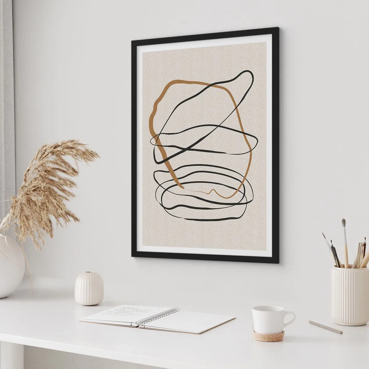 Poster in einem schwarzem Rahmen - Minimalistische Abstraktion mit dynamischen Linien - 50x70cm - Komposition – Looptanz - Moderne Wanddekoration für Wohnzimmer und Schlafzimmer ARTTOR