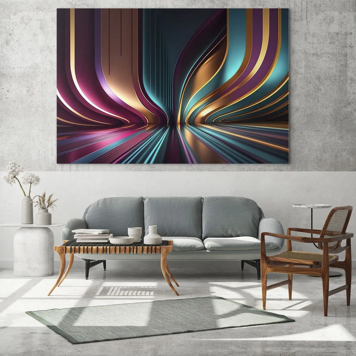 Glasbild - Bild auf glas - Bunte Lichtlinien erzeugen futuristische Formen - 70x50cm - Architektur des Lichts - Moderne Wanddekoration für Wohnzimmer und Schlafzimmer ARTTOR