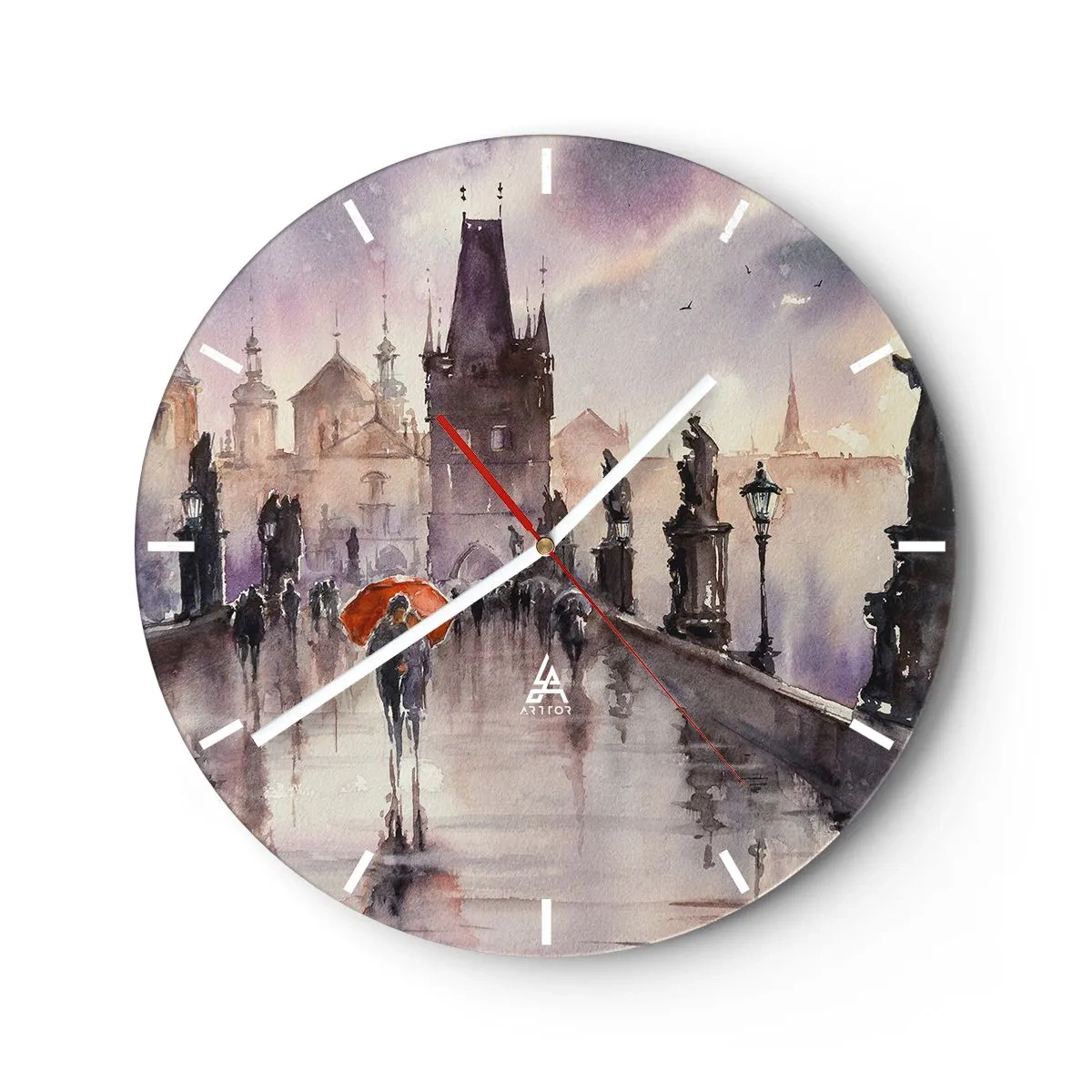 Wanduhr - Glasuhr - Romantische Szene auf einer Brücke im Regen mit einem orangefarbenen Regenschirm - 30x30cm - Leute verändern sich nicht - Moderne Wanddekoration für Wohnzimmer, Küche und Schlafzimmer ARTTOR