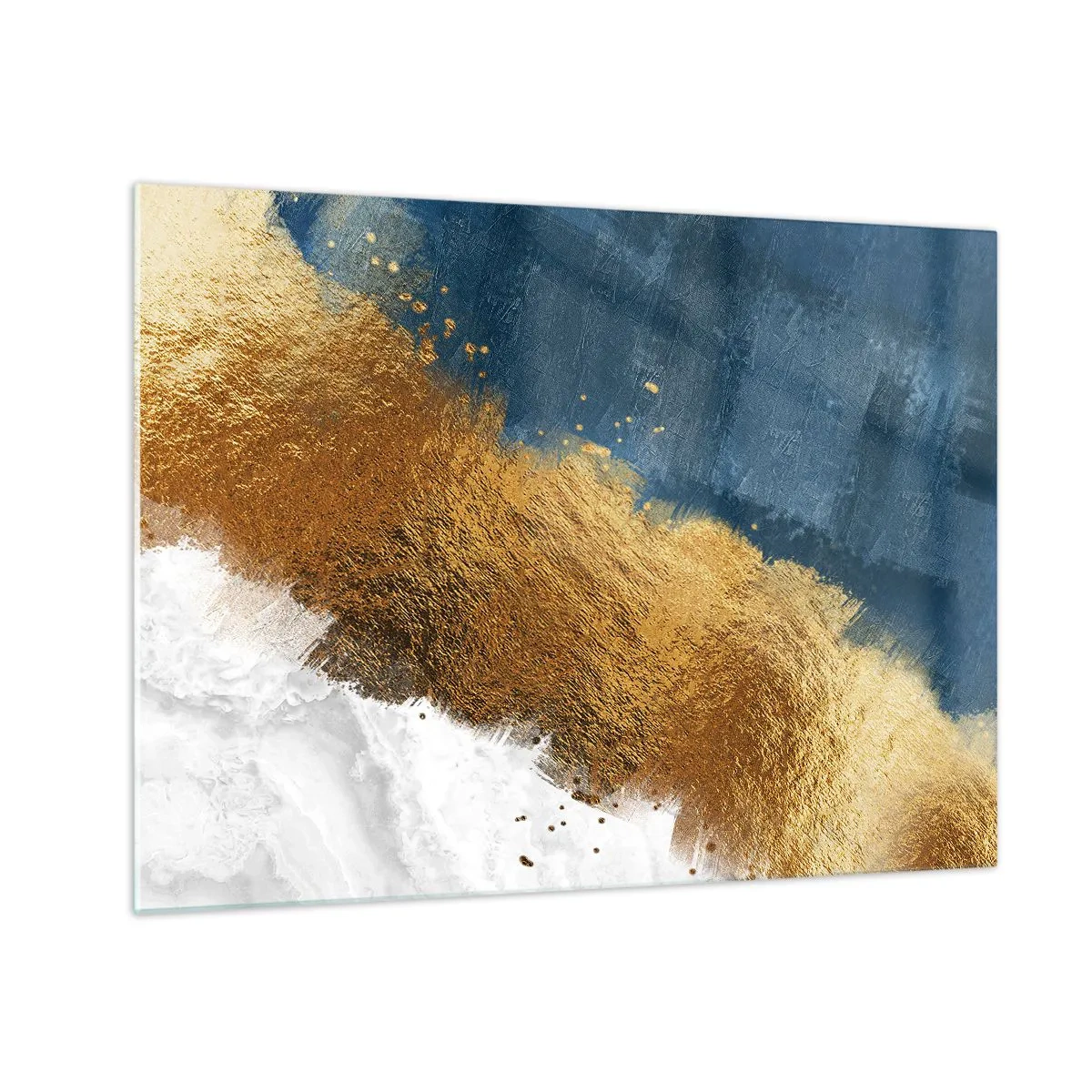 Glasbild - Bild auf glas - Goldene Pinselstriche auf marineblauem und weißem Hintergrund - 70x50cm - Farben des Sommers - Moderne Wanddekoration für Wohnzimmer und Schlafzimmer ARTTOR