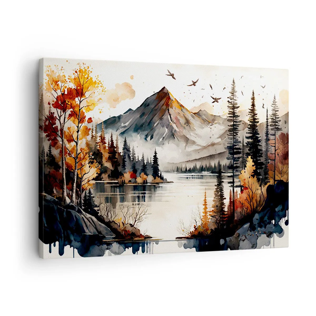 Bild auf Leinwand - Leinwandbild - Herbstliche Berglandschaft mit See und Bäumen in Aquarell - 70x50cm - Goldener Herbst in den Bergen - Moderne Wanddekoration für Wohnzimmer und Schlafzimmer ARTTOR