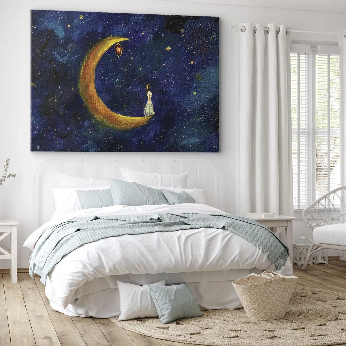 Bild auf Leinwand - Leinwandbild - Ein Mädchen steht auf dem Mond in einem Sternenhimmel - 70x50cm - Der Ruf der Welt - Moderne Wanddekoration für Wohnzimmer und Schlafzimmer ARTTOR