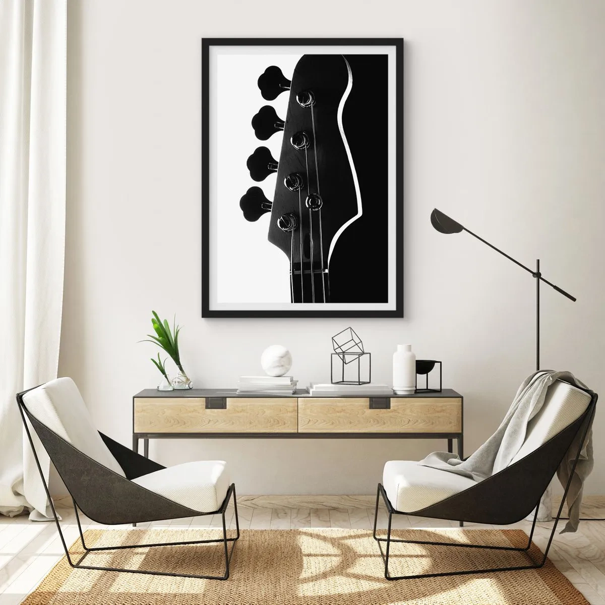 Poster in einem schwarzem Rahmen - Ein minimalistisches schwarz-weißes Musikthema mit einer E-Gitarre. - 50x70cm - Rockige Stille - Moderne Wanddekoration für Wohnzimmer und Schlafzimmer ARTTOR