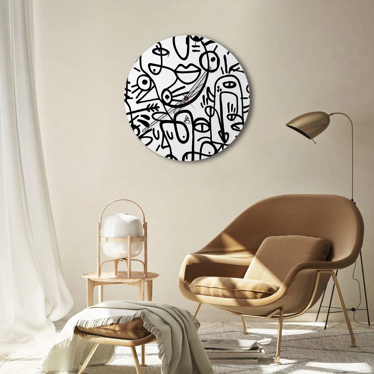 Wanduhr - Glasuhr - Abstrakte Strichzeichnungen Gesichter auf weißem Hintergrund - 30x30cm - Gesichter und Luftspiegelungen - Moderne Wanddekoration für Wohnzimmer, Küche und Schlafzimmer ARTTOR