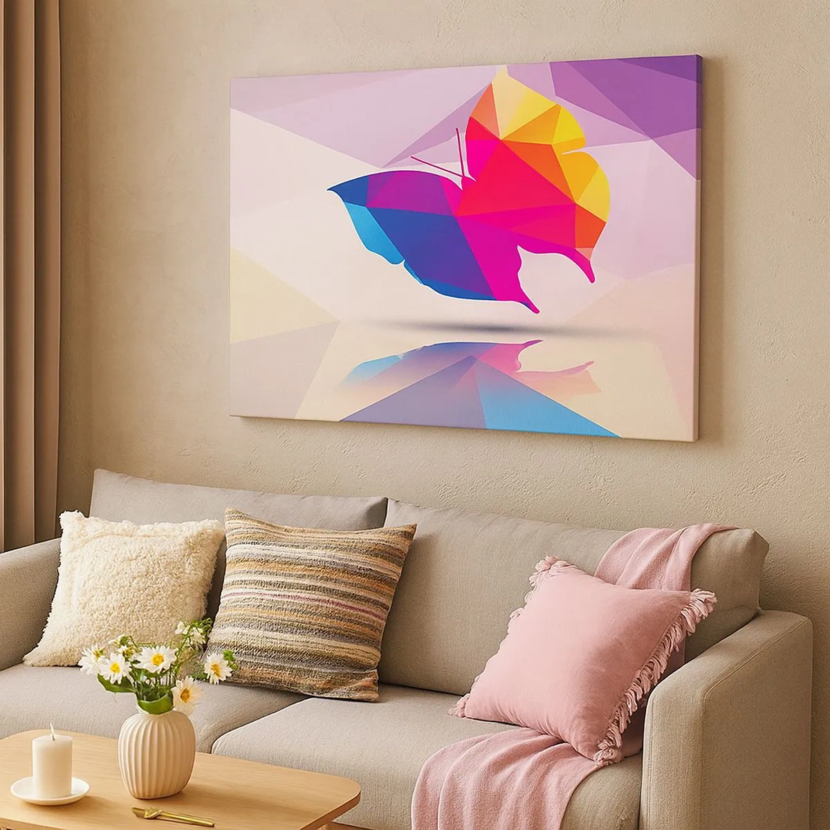 Bild auf Leinwand - Leinwandbild - Geometrische Schmetterlingssilhouette in leuchtenden Farben - 70x50cm - Regenbogenschmetterling - Moderne Wanddekoration für Wohnzimmer und Schlafzimmer ARTTOR