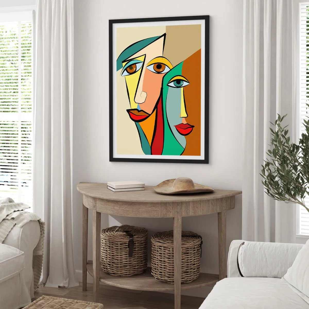 Poster in einem schwarzem Rahmen - Abstrakte Gesichter im kubistischen Stil in warmen Farben - 50x70cm - Kubistisches Paar - Moderne Wanddekoration für Wohnzimmer und Schlafzimmer ARTTOR