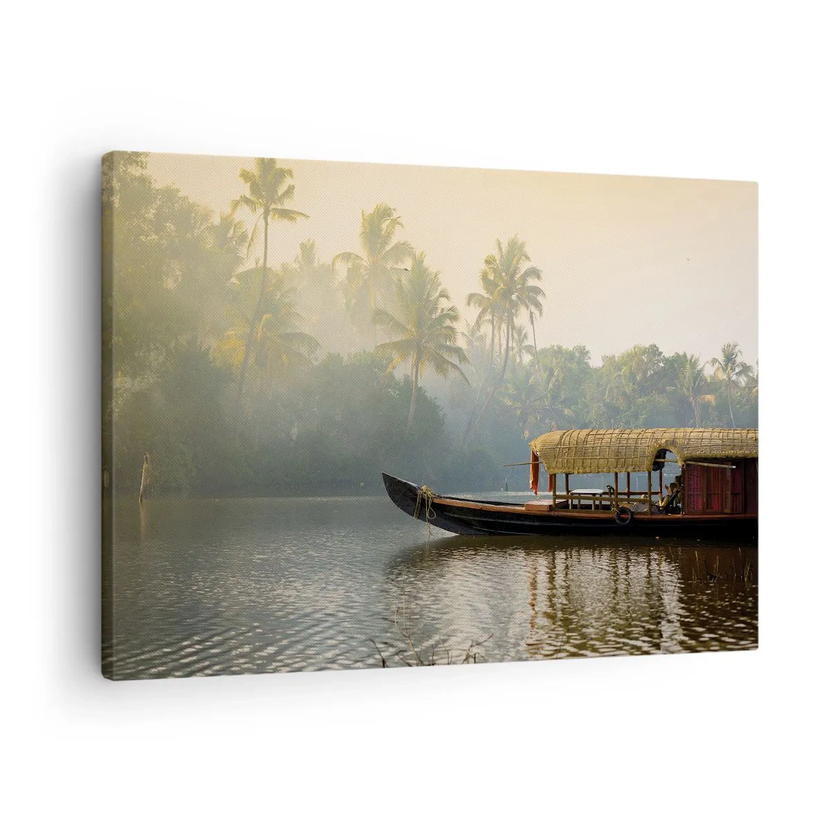 Bild auf Leinwand - Leinwandbild - Ein traditionelles Boot auf einem ruhigen Fluss zwischen Palmen - 70x50cm - Haus am Fluss - Moderne Wanddekoration für Wohnzimmer und Schlafzimmer ARTTOR