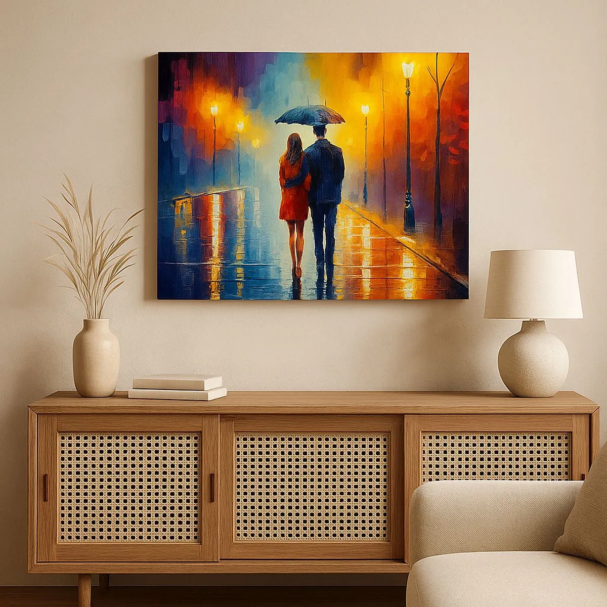 Bild auf Leinwand - Leinwandbild - Ein Paar unter einem Regenschirm, das durch eine farbenfrohe Nachtstadt spaziert - 70x50cm - Gemeinsam – eine bunte Nacht - Moderne Wanddekoration für Wohnzimmer und Schlafzimmer ARTTOR