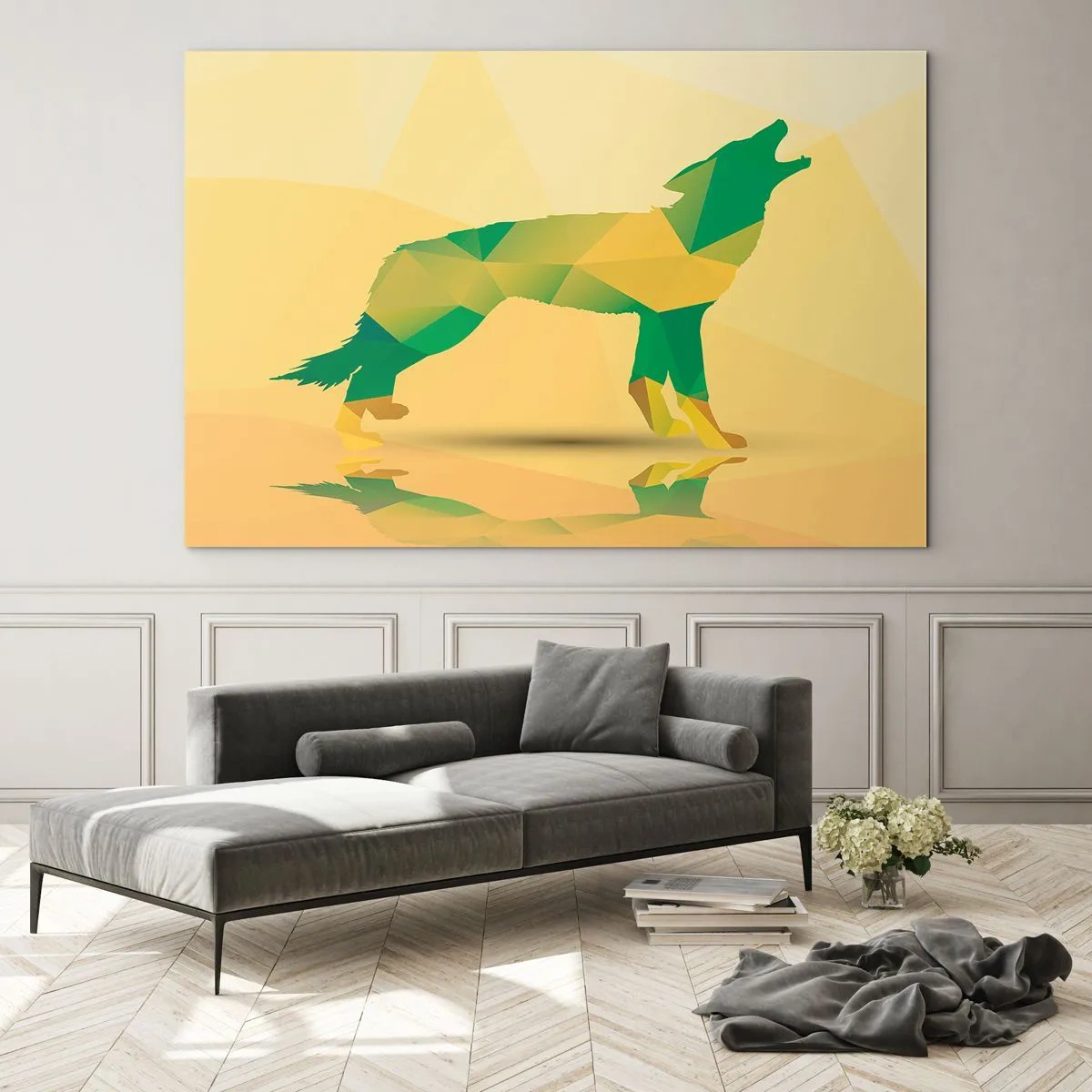 Glasbild - Bild auf glas - Geometrischer Wolf in farbenfroher Abstraktion - 70x50cm - Ein einsamer Wolf - Moderne Wanddekoration für Wohnzimmer und Schlafzimmer ARTTOR