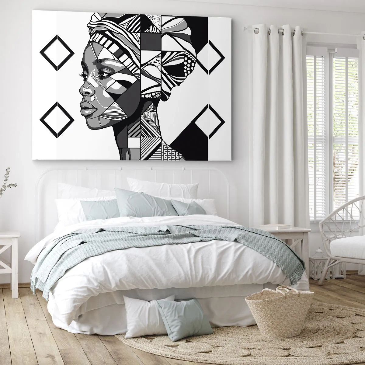 Bild auf Leinwand - Leinwandbild - Schwarz-Weiß-Porträt einer Frau im Ethno-Stil - 70x50cm - Ethnisches Porträt - Moderne Wanddekoration für Wohnzimmer und Schlafzimmer ARTTOR