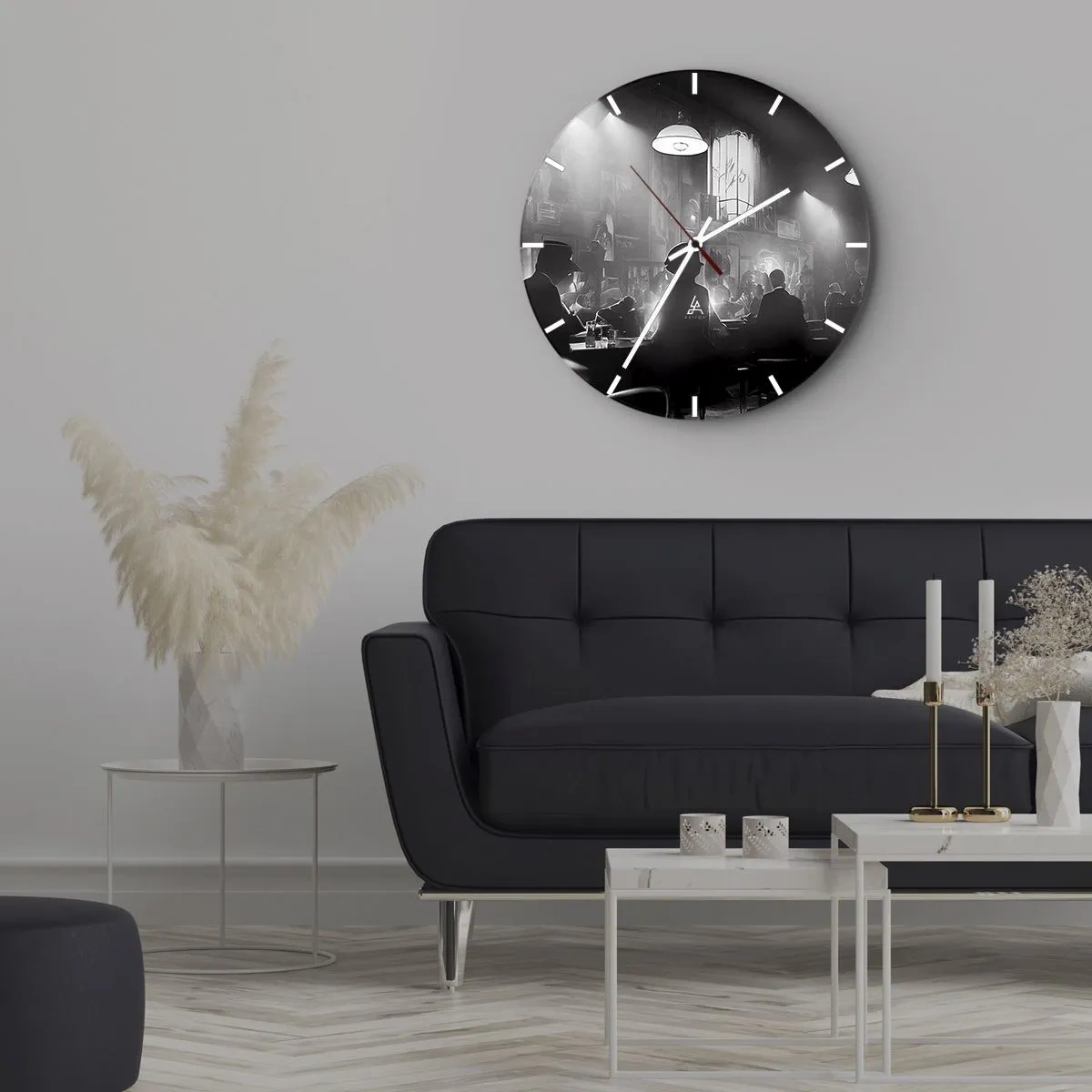Wanduhr - Glasuhr - Schwarz-Weiß-Szene aus einem Jazzclub mit Silhouetten von Gästen - 30x30cm - In Jazz-Atmosphäre - Moderne Wanddekoration für Wohnzimmer, Küche und Schlafzimmer ARTTOR