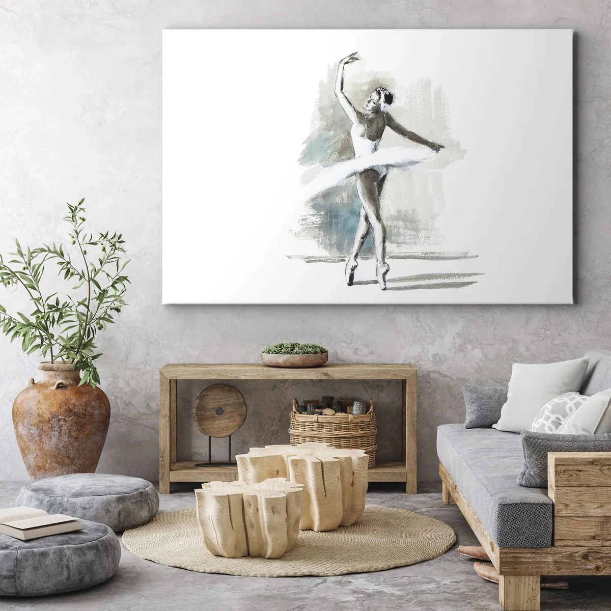 Bild auf Leinwand - Leinwandbild - Eine Balletttänzerin in einer Ballettpose vor einem Hintergrund aus zarten Aquarelltönen. - 70x50cm - In einen Schwan verzaubert - Moderne Wanddekoration für Wohnzimmer und Schlafzimmer ARTTOR