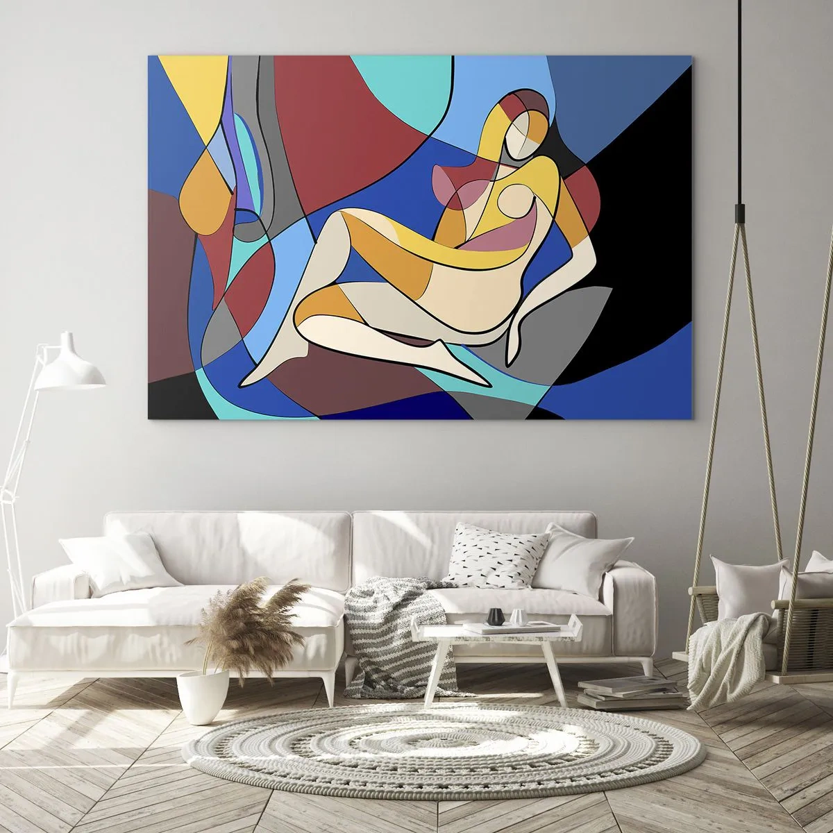 Glasbild - Bild auf glas - Kubistische Frau in einer abstrakten Komposition - 70x50cm - Kubistischer Akt - Moderne Wanddekoration für Wohnzimmer und Schlafzimmer ARTTOR