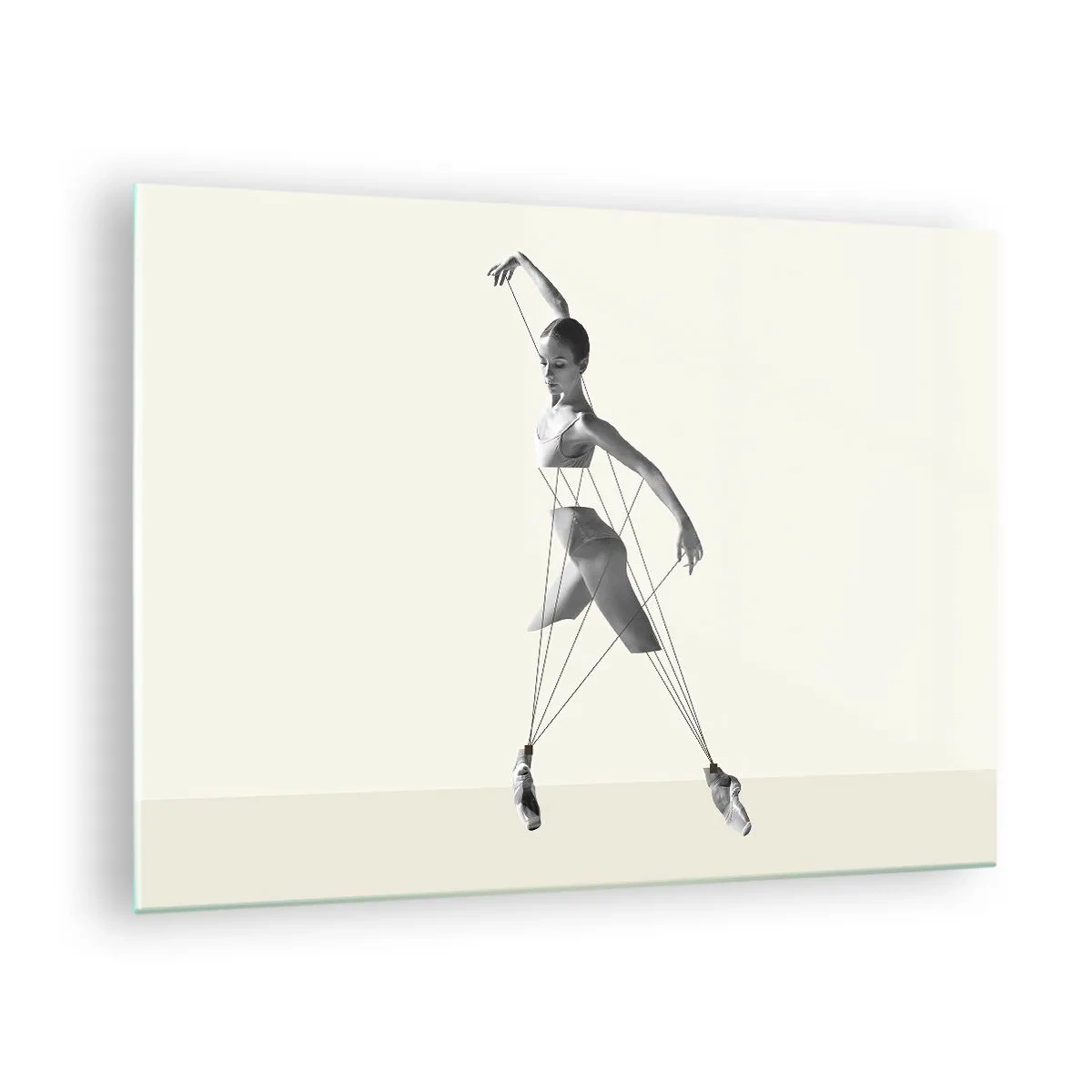Glasbild - Bild auf glas - Schwarz-weiße Silhouette einer Ballerina mit geometrischem Linienmotiv - 70x50cm - Im Theater der Welt - Moderne Wanddekoration für Wohnzimmer und Schlafzimmer ARTTOR