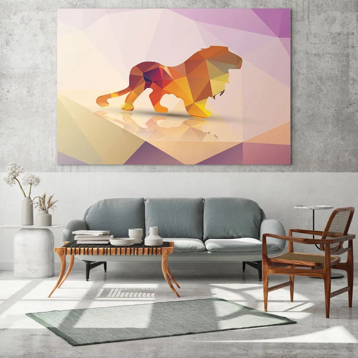 Glasbild - Bild auf glas - Geometrischer Löwe in farbenfroher Abstraktion - 70x50cm - Der Diamantenkönig - Moderne Wanddekoration für Wohnzimmer und Schlafzimmer ARTTOR