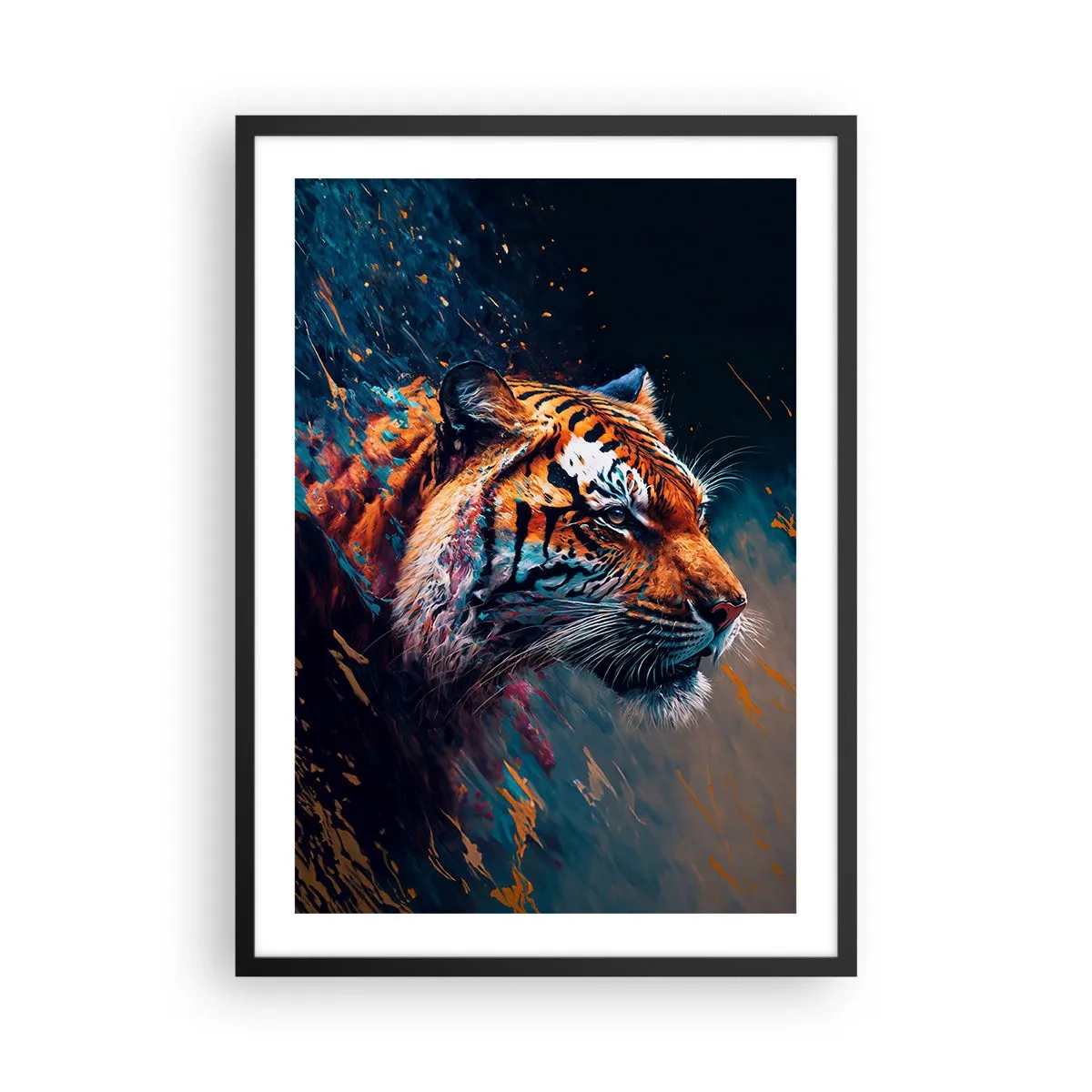 Poster in einem schwarzem Rahmen - Ein dynamisches Porträt eines Tigers im künstlerischen Stil - 50x70cm - Wilde Schönheit - Moderne Wanddekoration für Wohnzimmer und Schlafzimmer ARTTOR