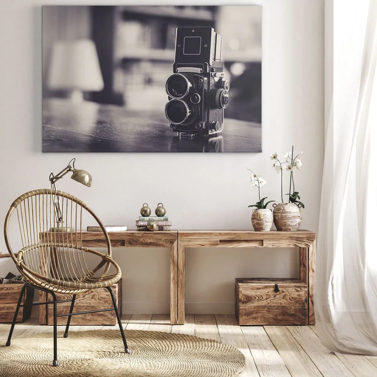 Bild auf Leinwand - Leinwandbild - Antike Kamera in Schwarz und Weiß - 70x50cm - Zauber alter Fotografie - Moderne Wanddekoration für Wohnzimmer und Schlafzimmer ARTTOR
