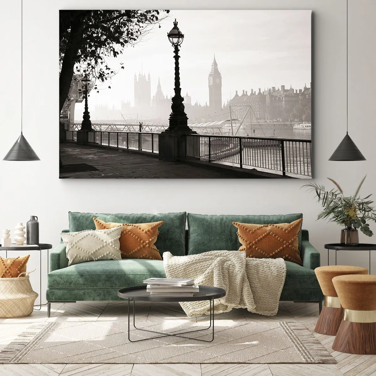 Bild auf Leinwand - Leinwandbild - Eine monochrome Ansicht von Big Ben und der Themse. - 70x50cm - Londoner Morgen - Moderne Wanddekoration für Wohnzimmer und Schlafzimmer ARTTOR