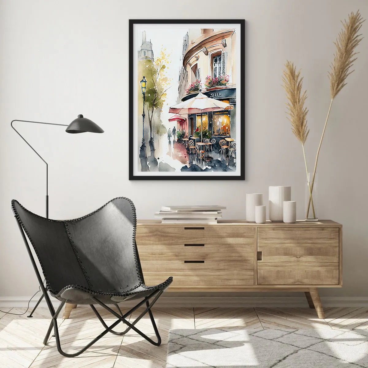 Poster in einem schwarzem Rahmen - Ein Café in einer malerischen Straße im europäischen Stil - 50x70cm - Pariser Morgen - Moderne Wanddekoration für Wohnzimmer und Schlafzimmer ARTTOR