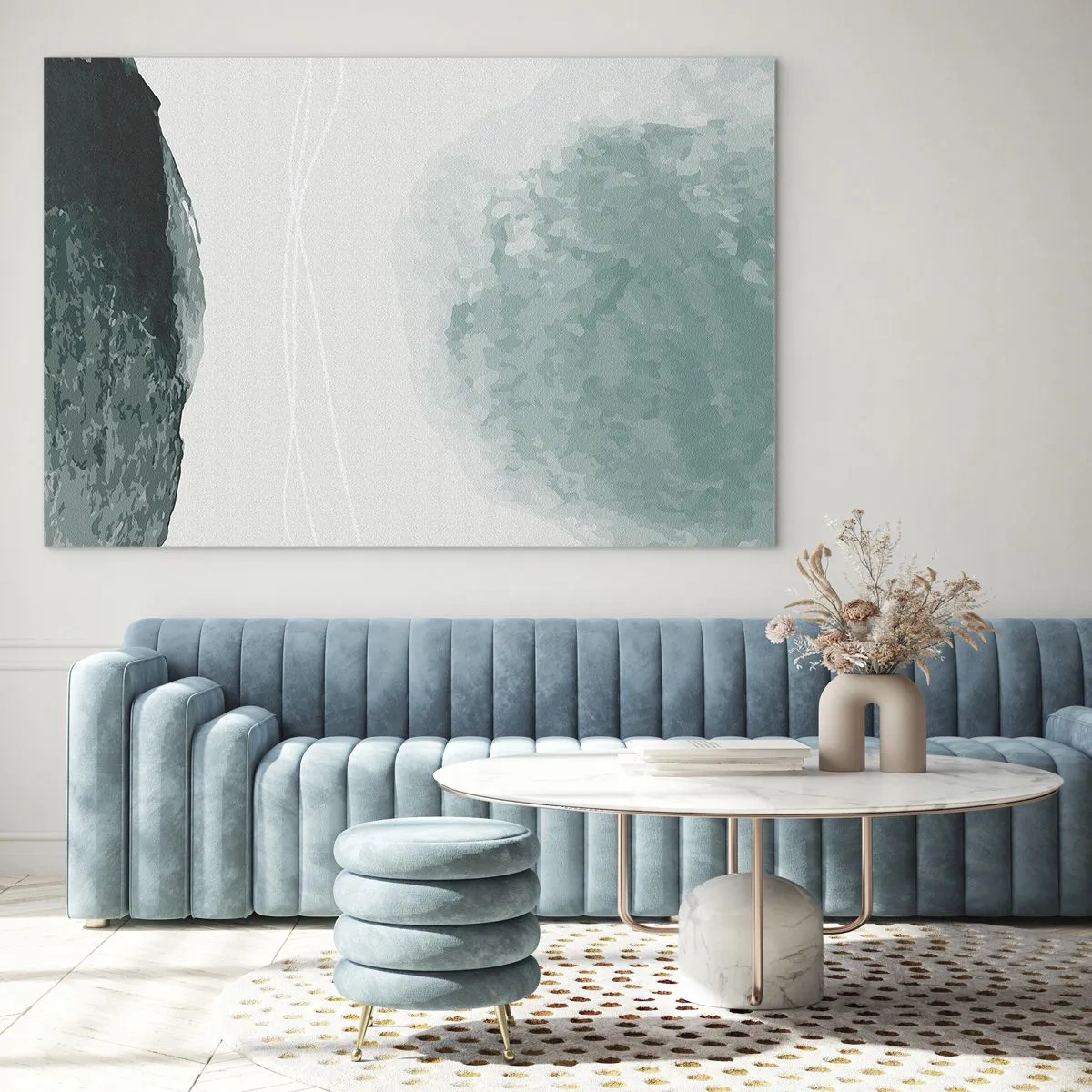 Glasbild - Bild auf glas - Grüne abstrakte Formen auf einem hellen Hintergrund, der an Nebel erinnert - 70x50cm - Begegnung mit Nebel - Moderne Wanddekoration für Wohnzimmer und Schlafzimmer ARTTOR