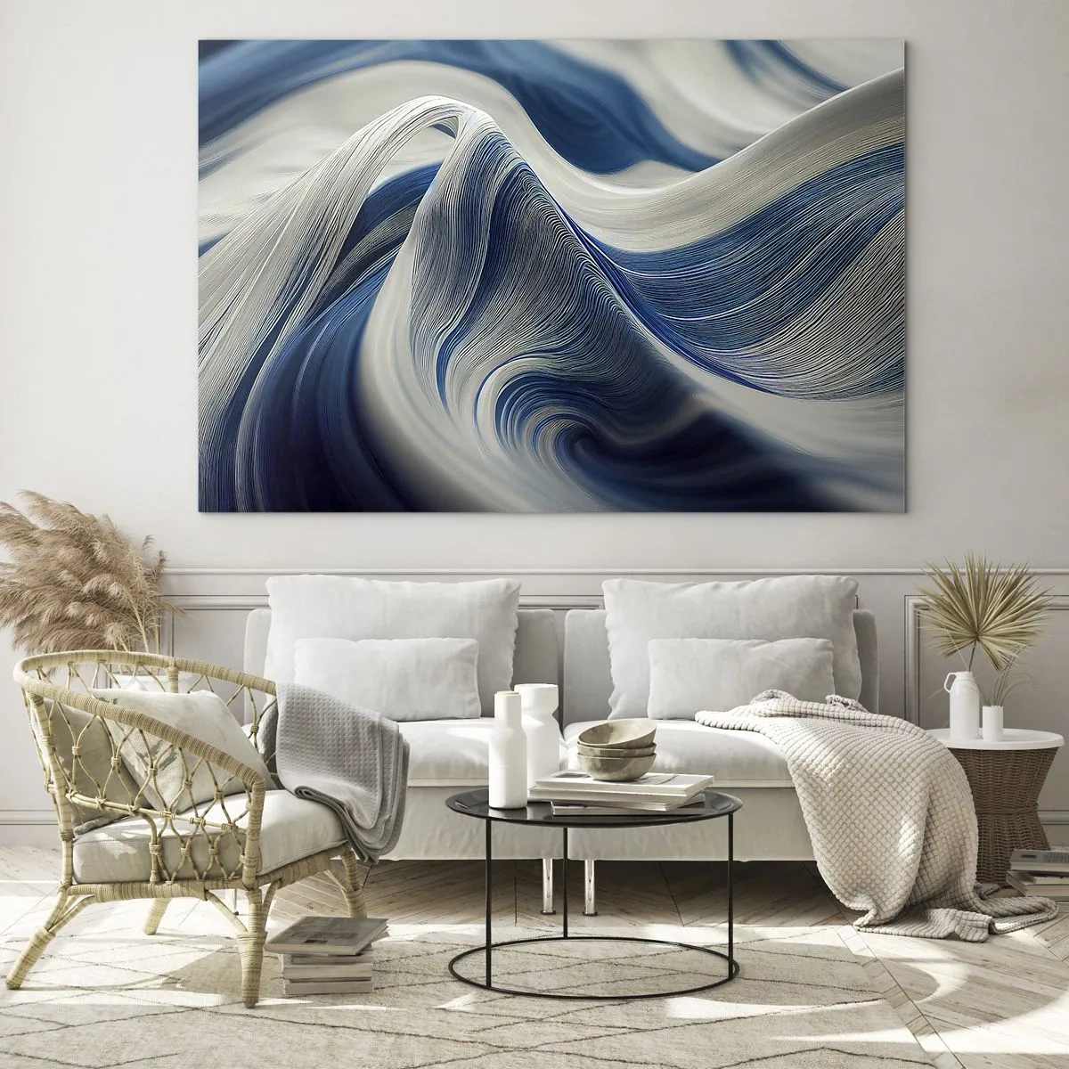 Glasbild - Bild auf glas - Dynamische Abstraktion in Blau- und Weißtönen - 70x50cm - Fließfähigkeit von Blau und Weiß - Moderne Wanddekoration für Wohnzimmer und Schlafzimmer ARTTOR