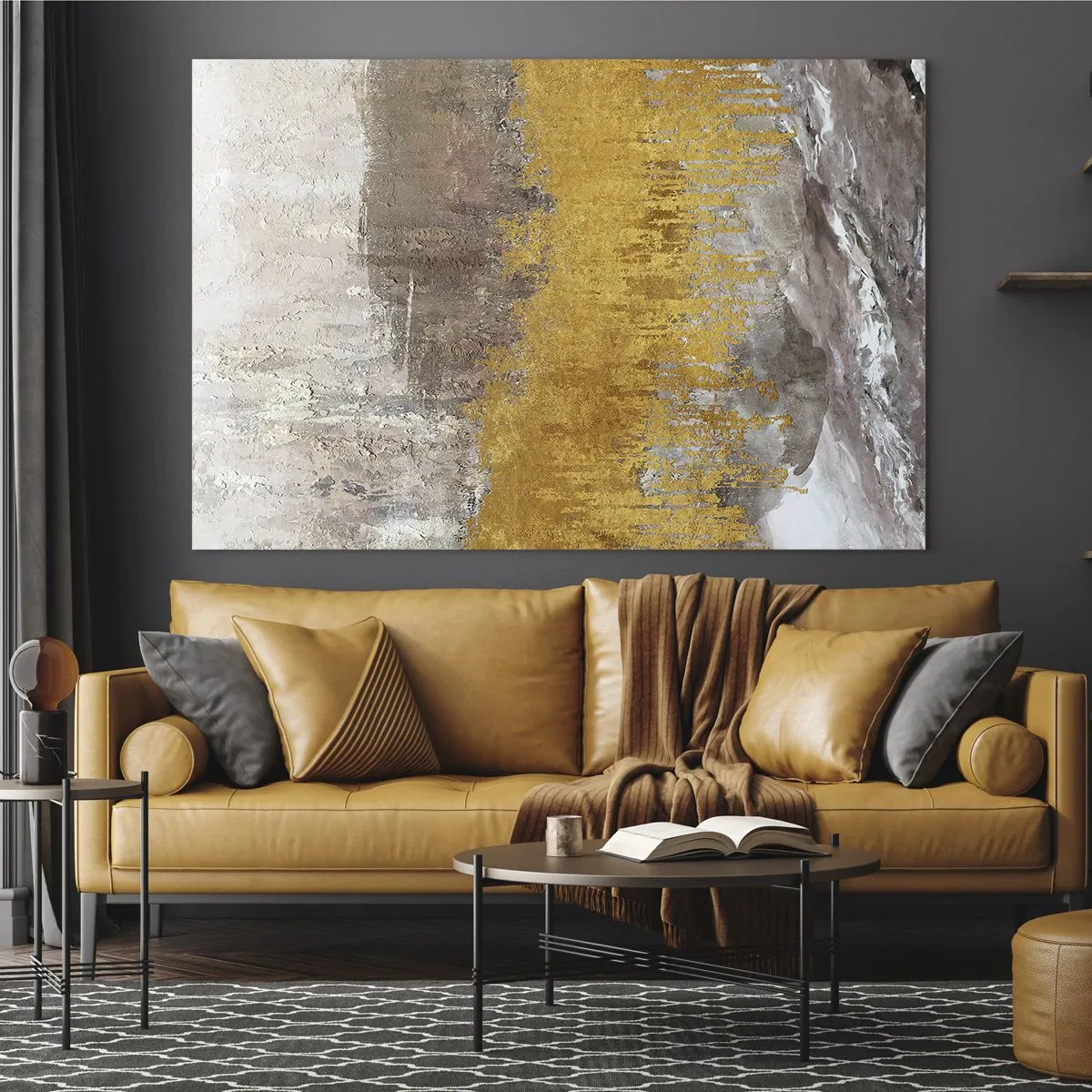 Glasbild - Bild auf glas - Goldene und erdige Strukturen erzeugen eine dynamische Abstraktion - 70x50cm - Goldene Explosion - Moderne Wanddekoration für Wohnzimmer und Schlafzimmer ARTTOR
