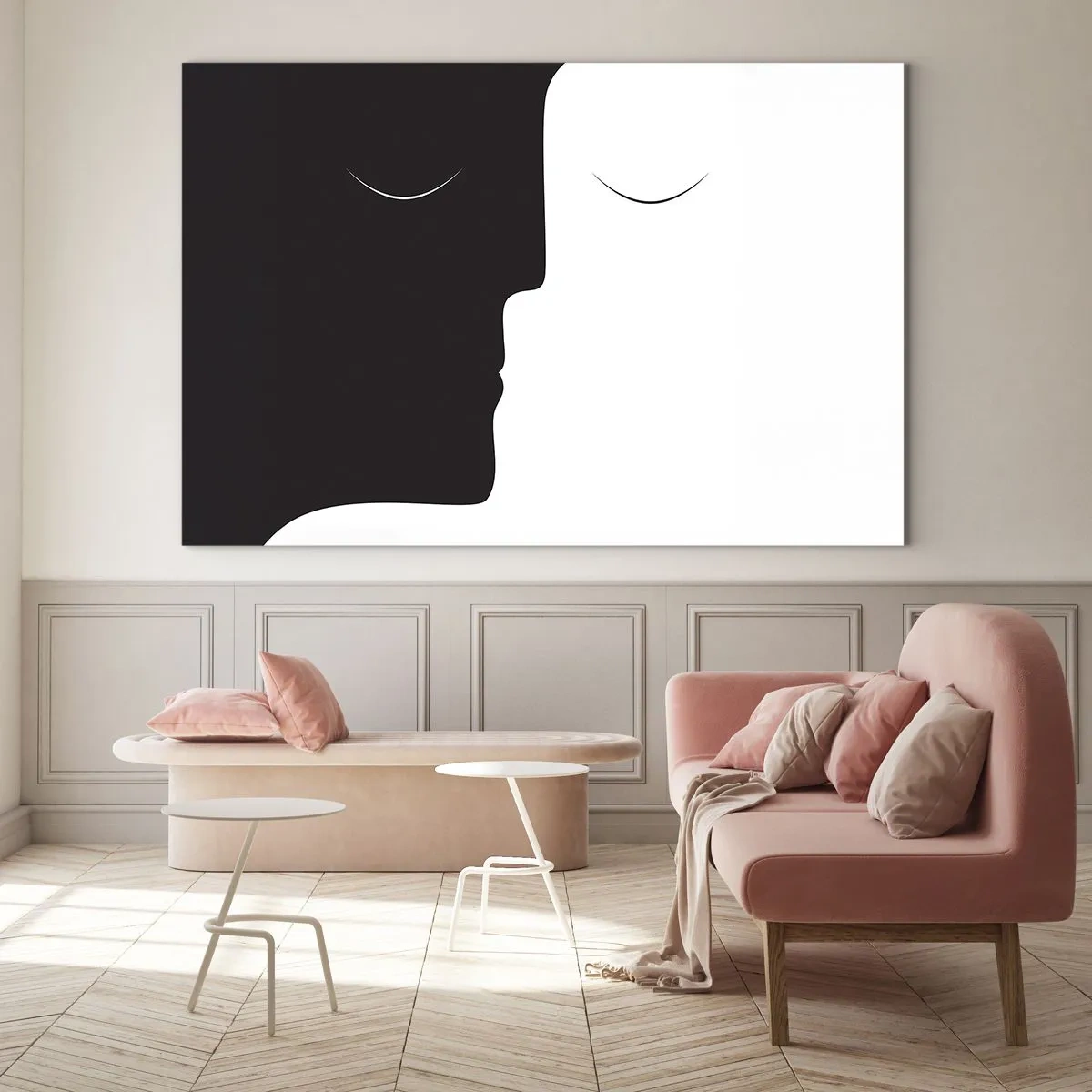Glasbild - Bild auf glas - Minimalistische schwarz-weiße Gesichter bilden eine Einheit - 70x50cm - Einheit der Gegensätze - Moderne Wanddekoration für Wohnzimmer und Schlafzimmer ARTTOR
