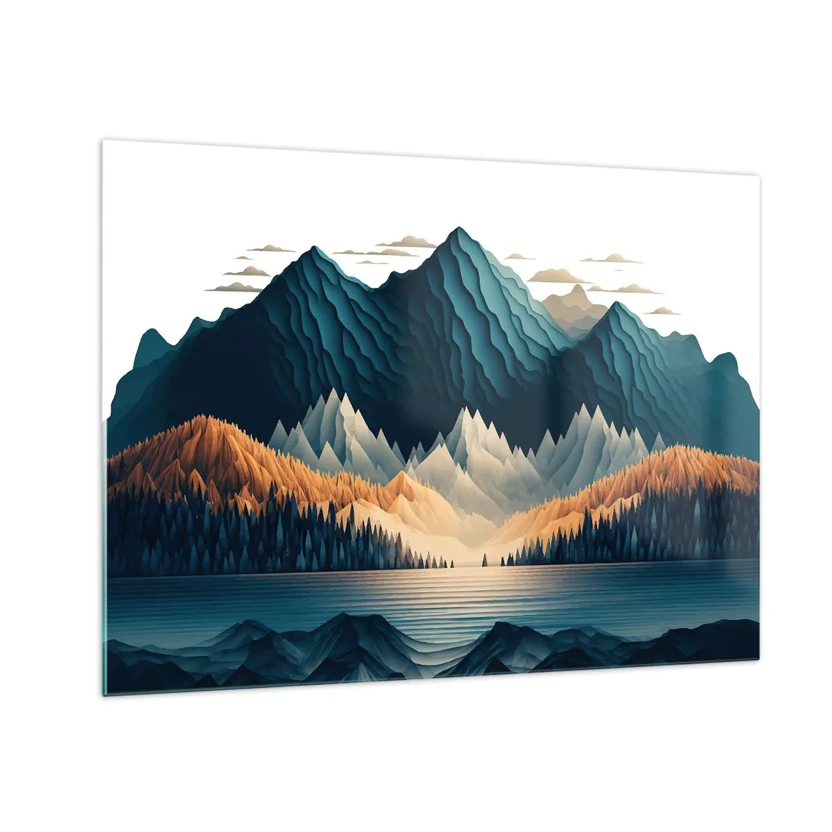 Glasbild - Bild auf glas - Stilisierte Berglandschaft mit Wald und See - 70x50cm - Perfekte Berglandschaft - Moderne Wanddekoration für Wohnzimmer und Schlafzimmer ARTTOR