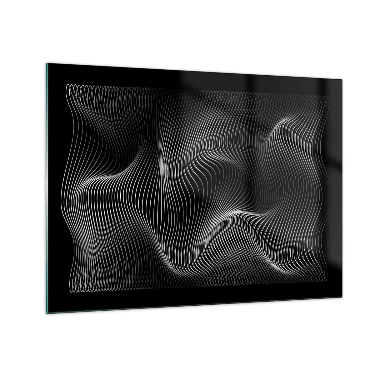 Glasbild - Bild auf glas - Hypnotisierende weiße Linien, die sich vor einem schwarzen Hintergrund kräuseln - 70x50cm - Lichttanz im Raum - Moderne Wanddekoration für Wohnzimmer und Schlafzimmer ARTTOR