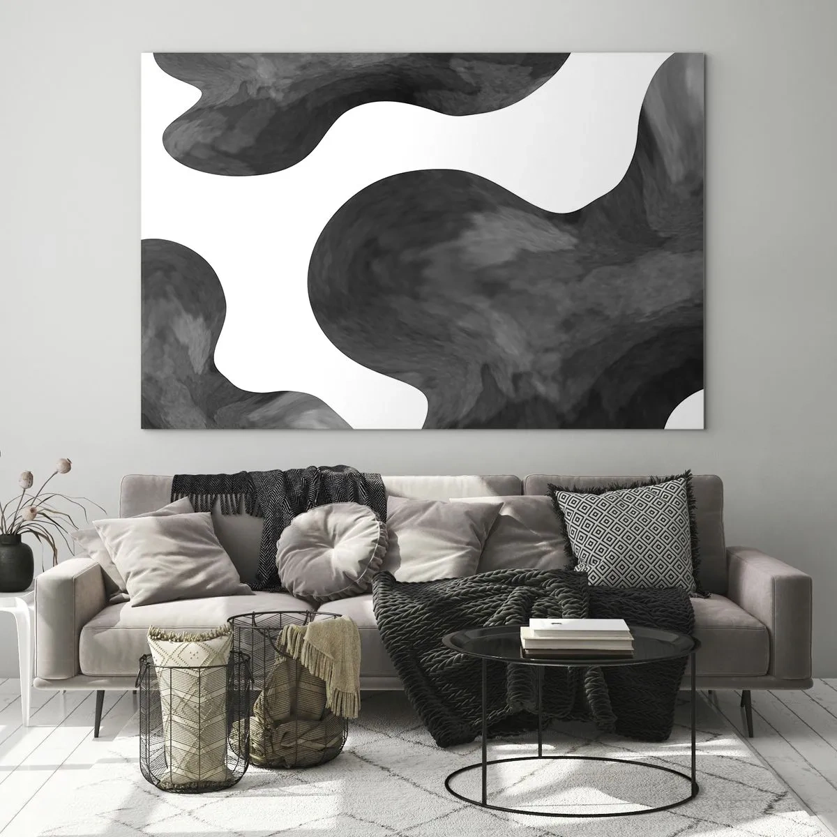 Glasbild - Bild auf glas - Abstrakte Formen in Schwarz-Weiß-Tönen - 70x50cm - Milchstraße - Moderne Wanddekoration für Wohnzimmer und Schlafzimmer ARTTOR