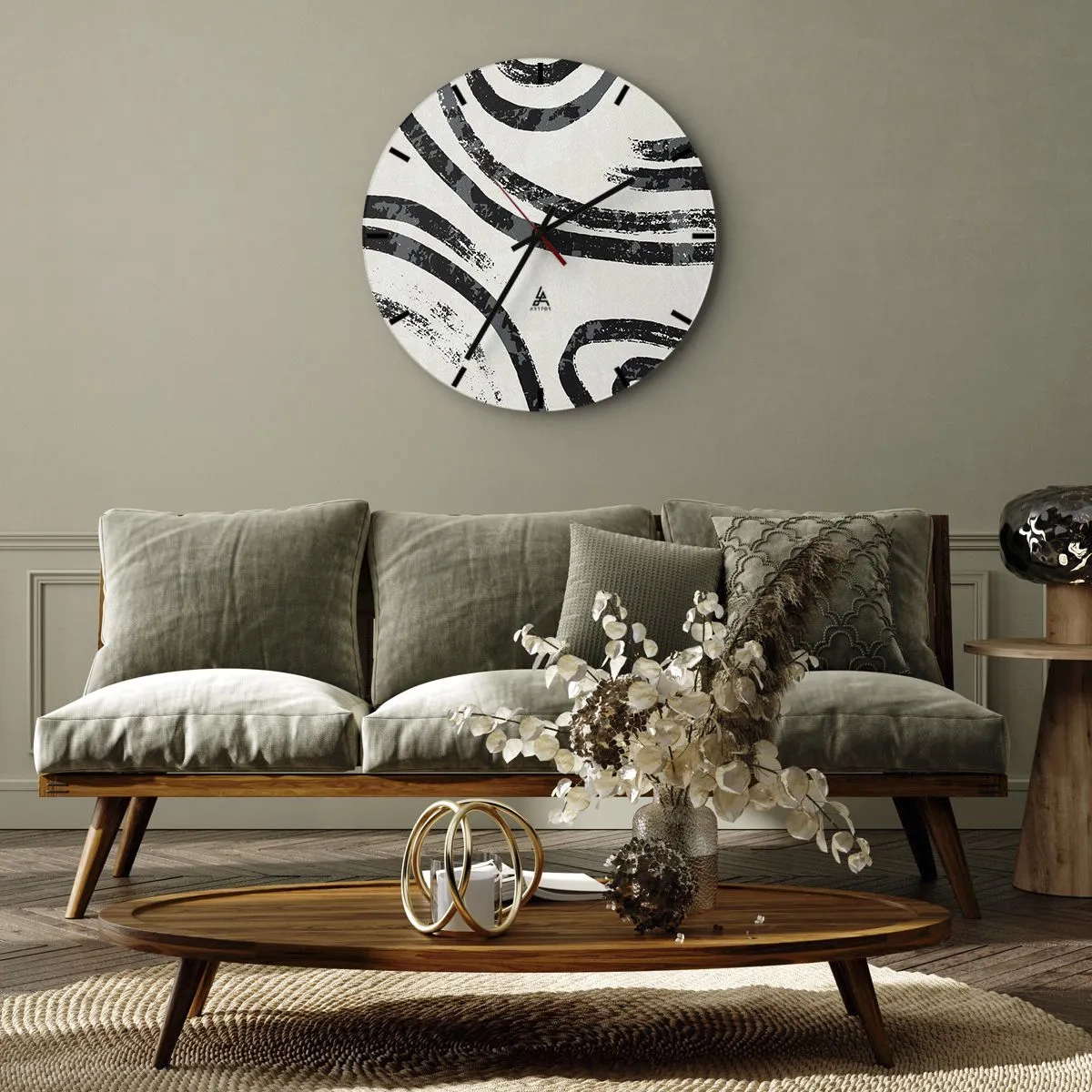 Wanduhr - Glasuhr - Schwarze und graue Bögen auf hellem Hintergrund im minimalistischen Stil - 30x30cm - Bei Hälfte angehalten - Moderne Wanddekoration für Wohnzimmer, Küche und Schlafzimmer ARTTOR
